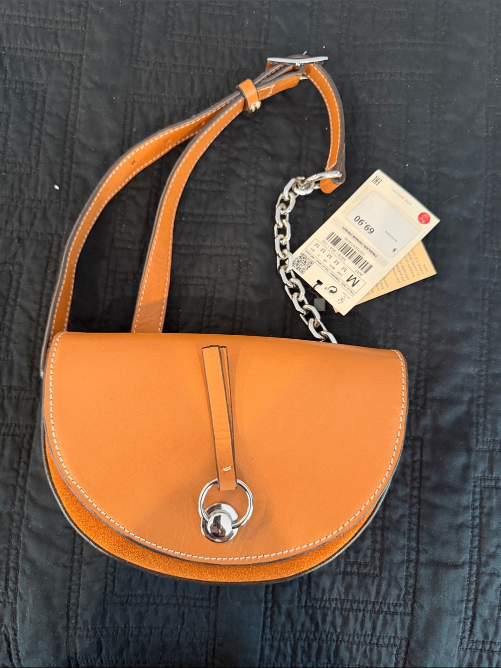 Zara Orange Leather Crossbody Saddle Bag with Silver Ring Detail